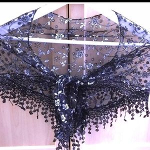 Black lace scarf with grey flowers, triangular, new boutique style